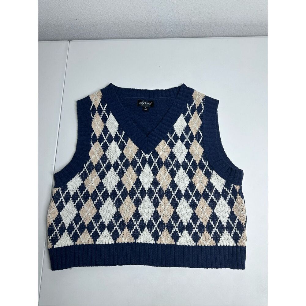 Say What Cottage Core Crop School Girl Vest Geometric Pattern Size XL
